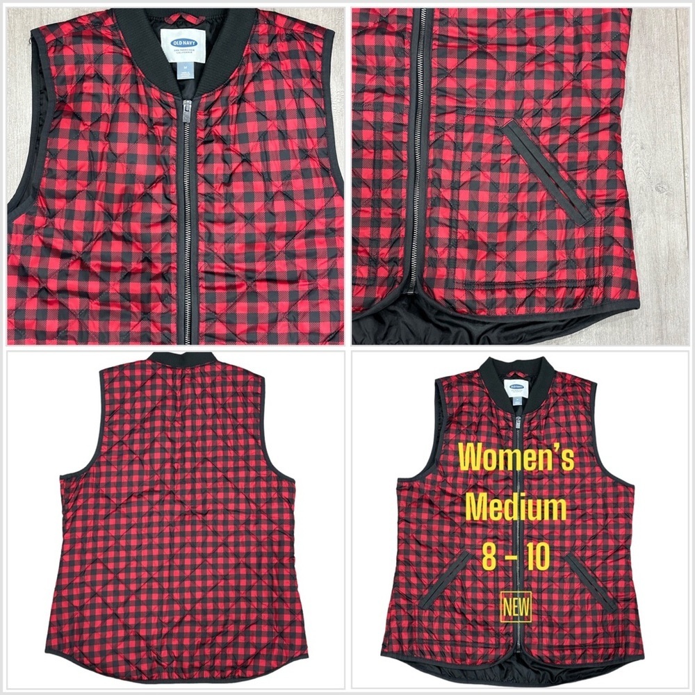 Women's Old Navy Medium 8 - 10 Vest Quilted Jacket Coat Red Black Buffalo NWOT